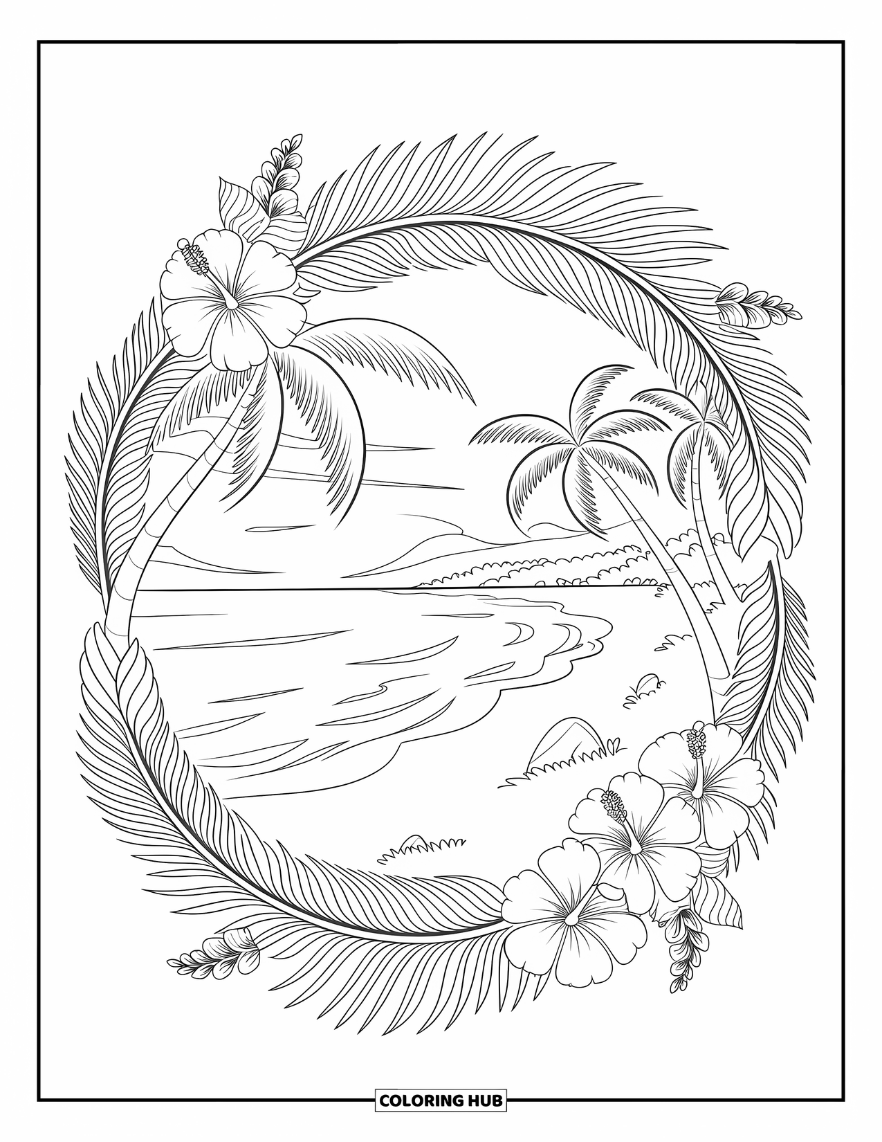 Sunset Beach Coloring Page for Adults: Palm trees and waves frame a sunset beach with floral mandalas