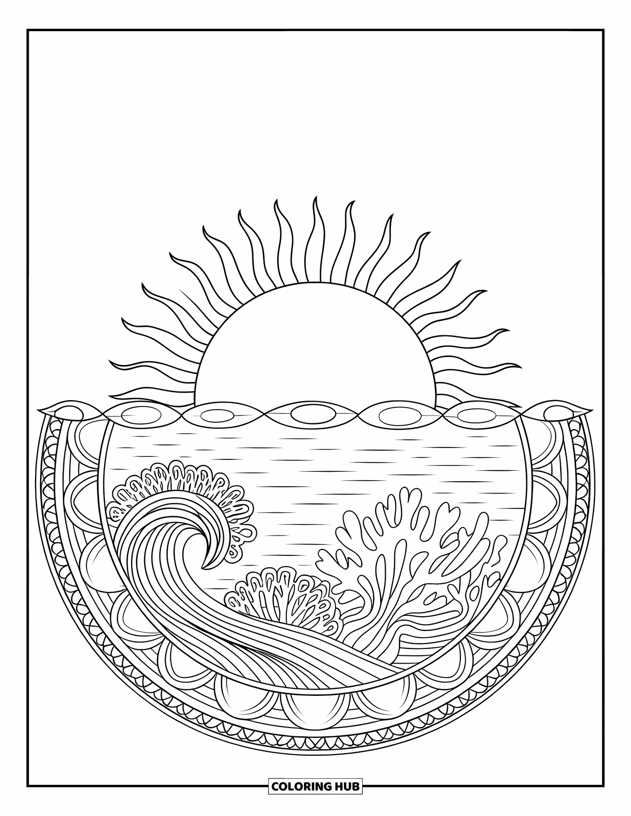 Sunset Beach Coloring Page for Adults: The sun lowers into the ocean surrounded by coral mandala patterns
