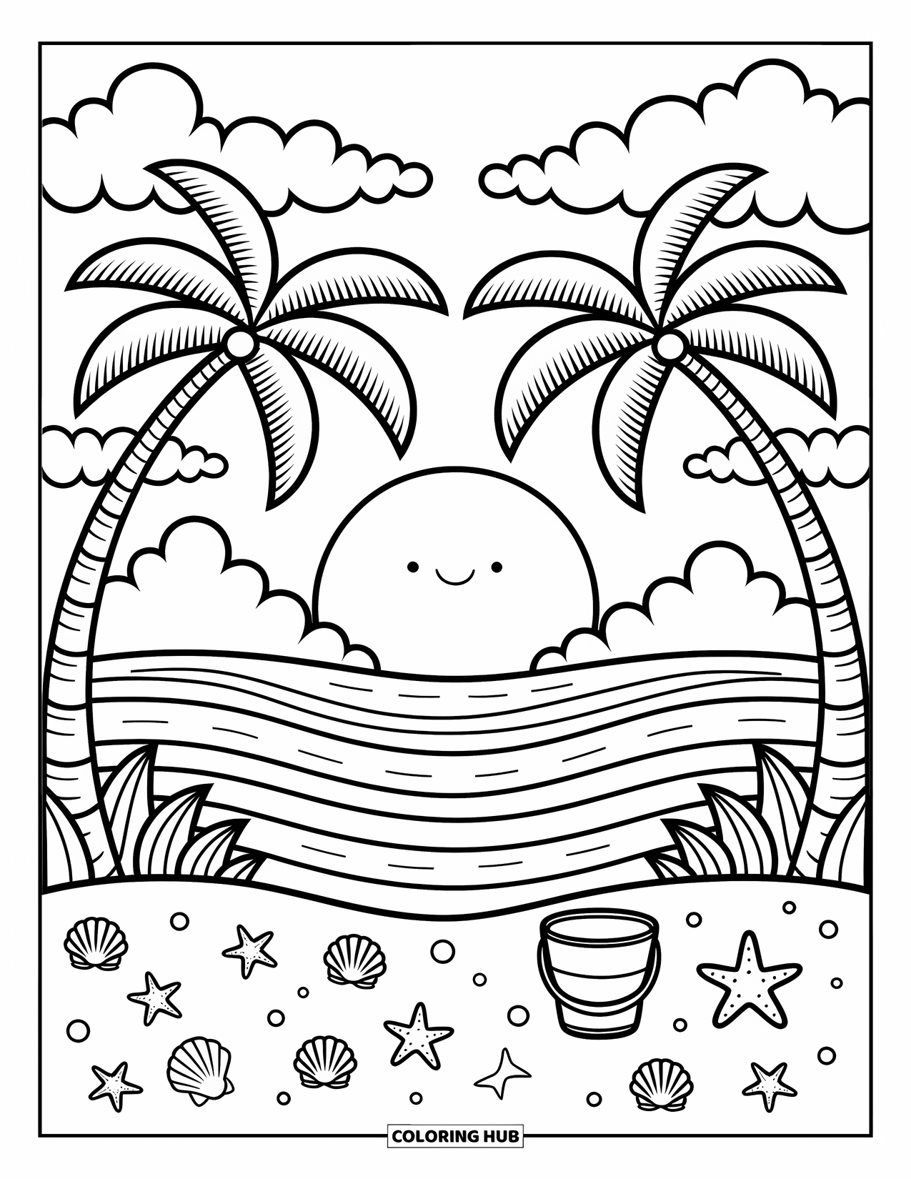 Sunset Beach Coloring Page for Adults: Two palm trees frame a sandy beach with seashells and starfish