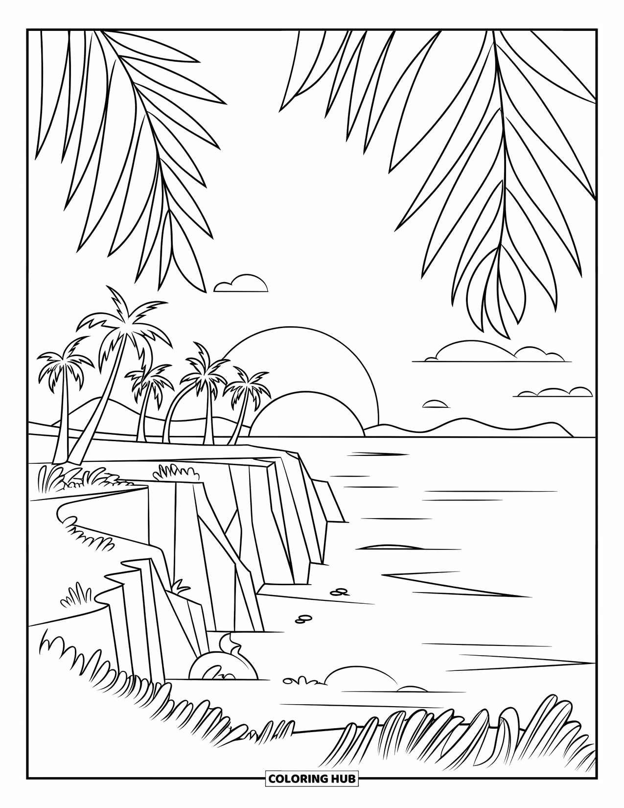 Sunset Beach Coloring Page for Kids: A cliffside view of the ocean at sunset with tall palm trees