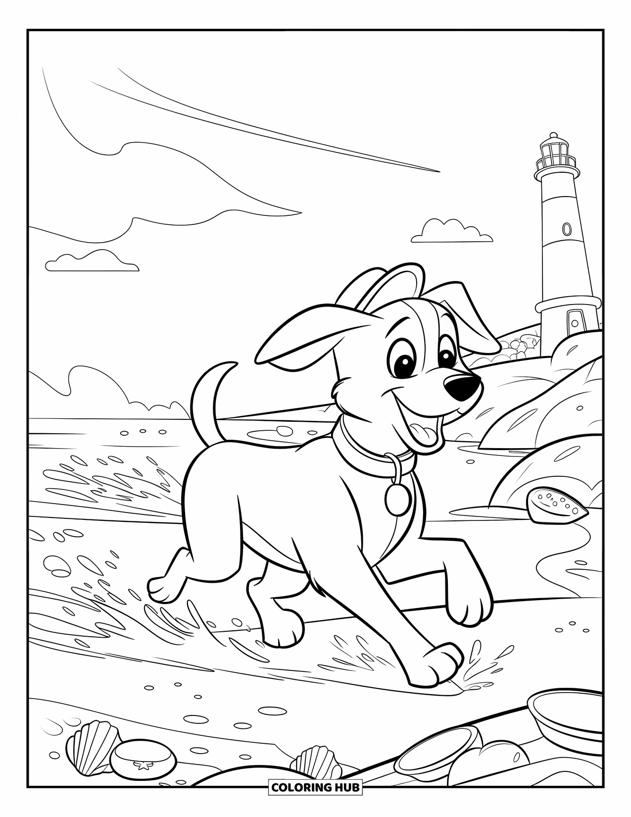 Sunset Beach Coloring Page for Kids: A playful dog runs by the sea near rocks and a lighthouse