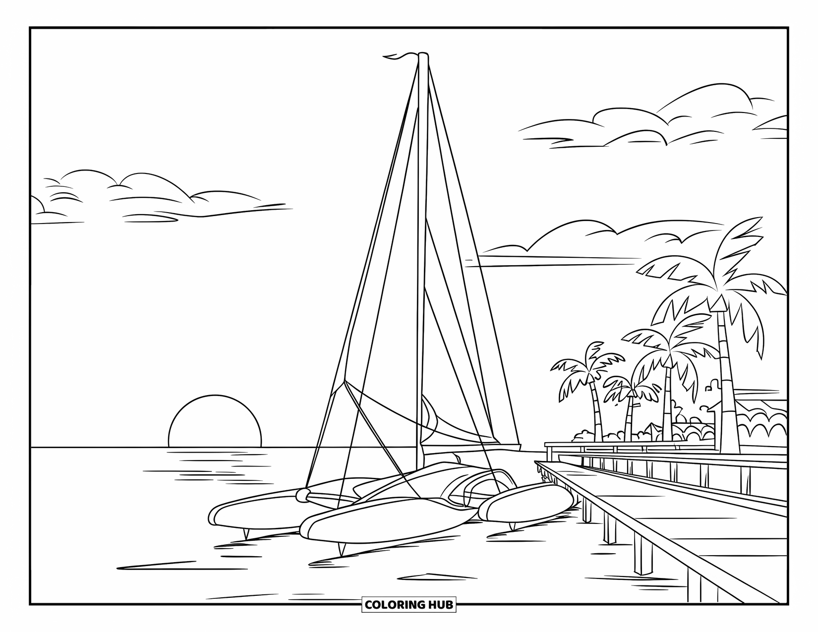 Sunset Beach Coloring Page for Kids: A sailboat docked by the pier as the sun sets behind palm trees