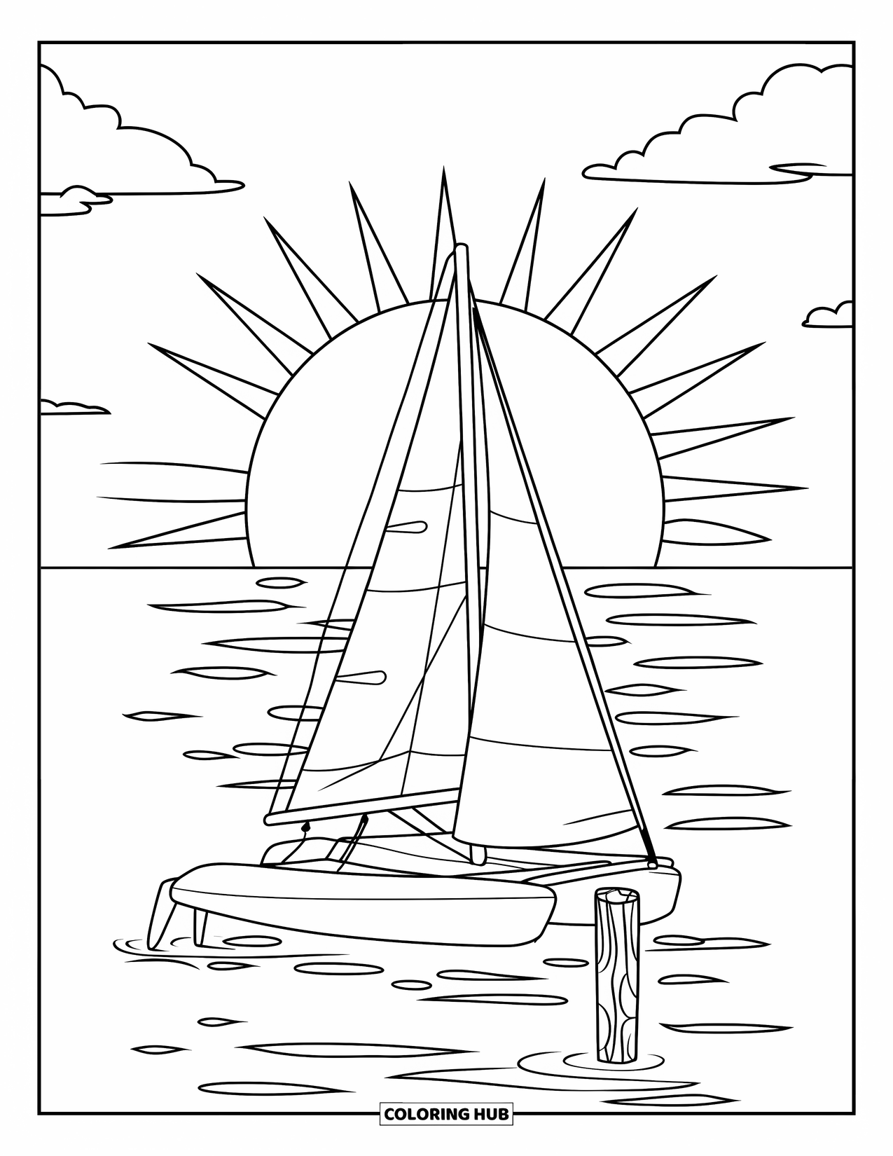 Sunset Beach Coloring Page for Kids: A sailboat rests quietly with the sun setting above calm water
