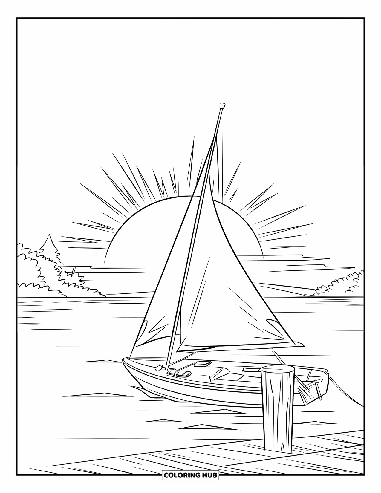 Sunset Beach Coloring Page for Kids: A sailboat tied to a dock sits calmly beneath a glowing sunset