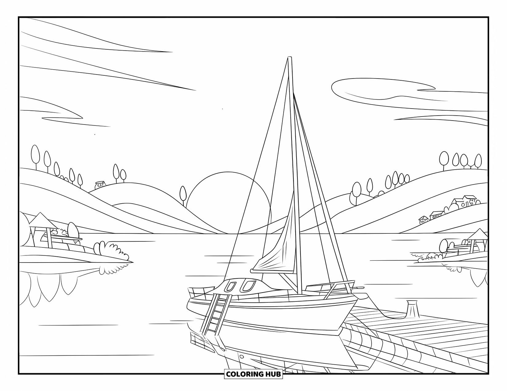 Sunset Beach Coloring Page for Kids: A sailboat tied to a wooden pier reflecting the calm sunset glow