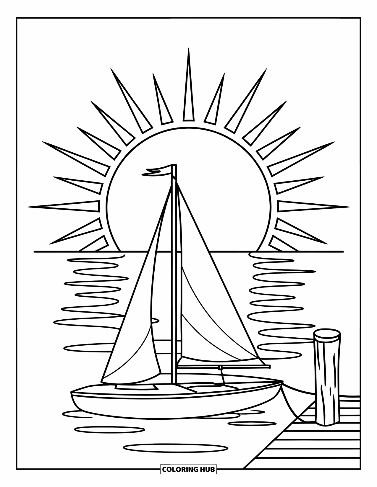 Sunset Beach Coloring Page for Kids: A single sailboat floats on calm waters with the sun behind