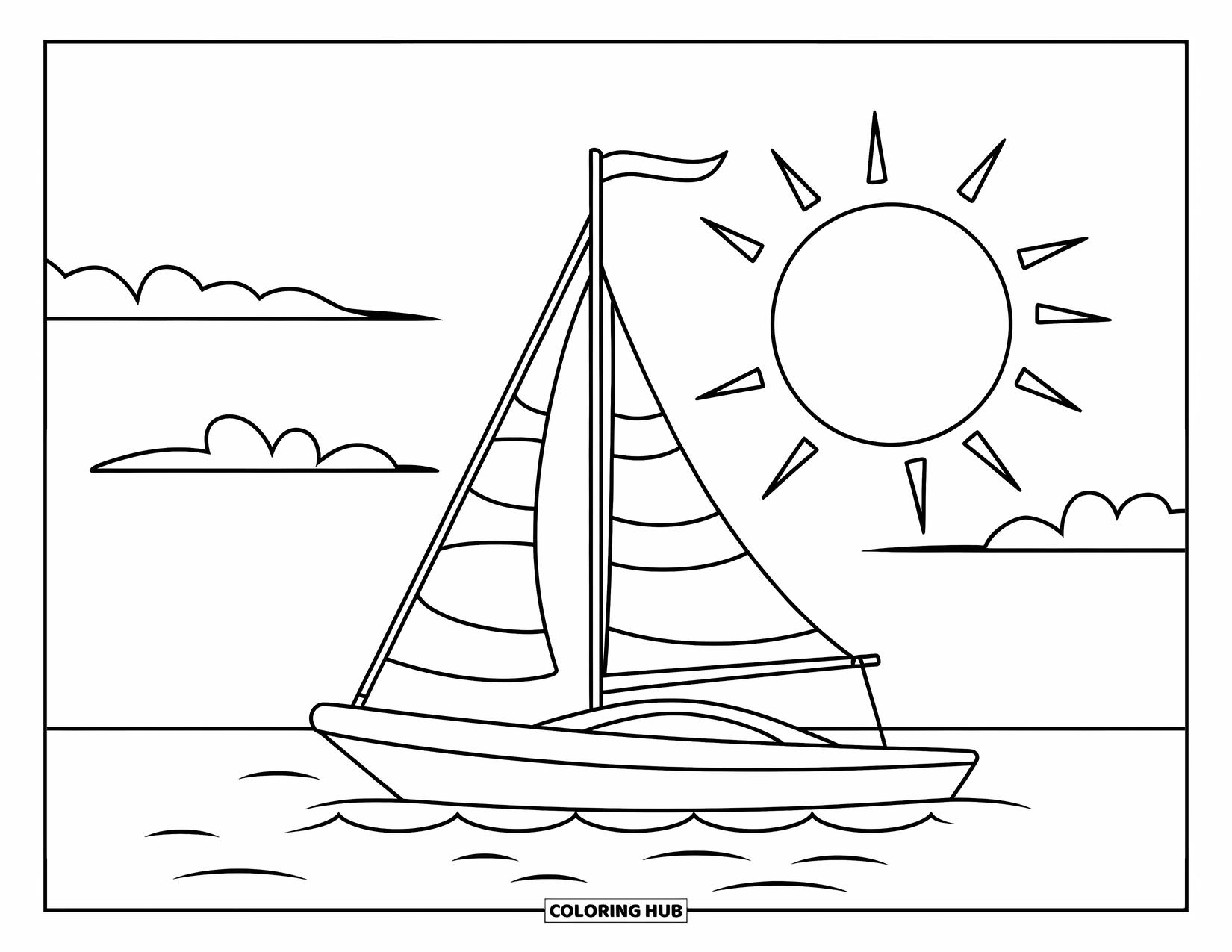 Sunset Beach Coloring Page for Kids: A small sailboat sails near the horizon under the evening sun
