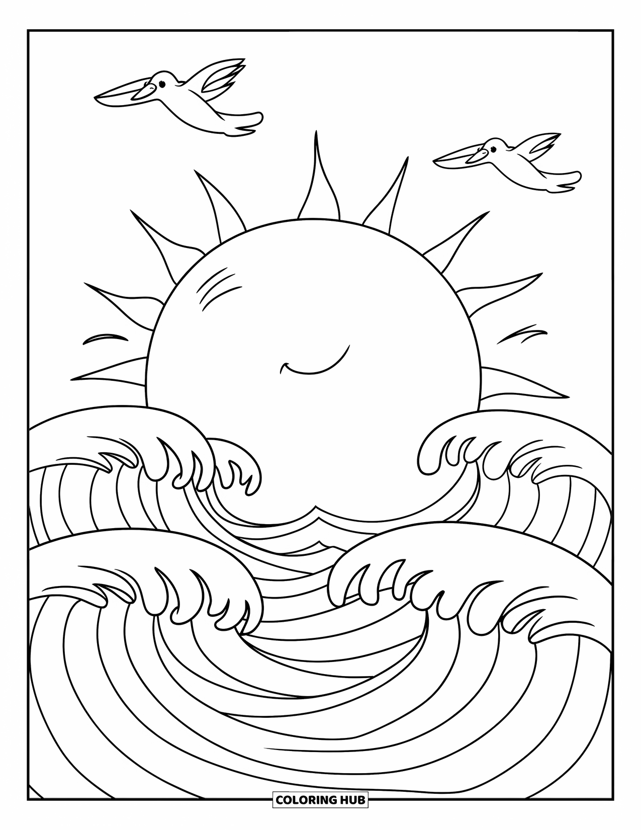 Sunset Beach Coloring Page for Kids: A smiling sun dips into the waves as birds glide overhead