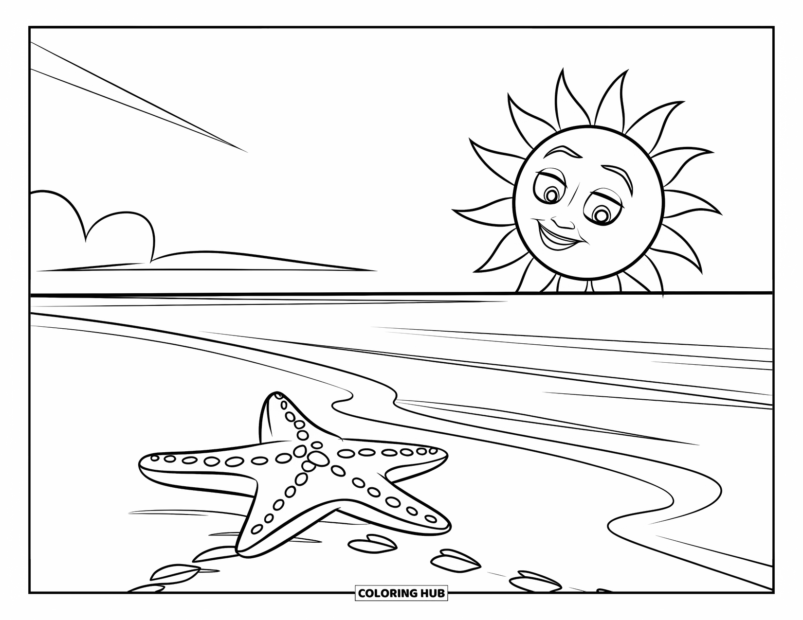 Sunset Beach Coloring Page for Kids: A starfish on the beach faces the smiling sun in the sky