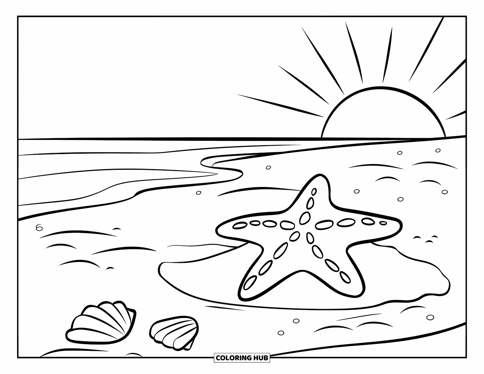 Sunset Beach Coloring Page for Kids: A starfish rests on sandy shores under a glowing sunset