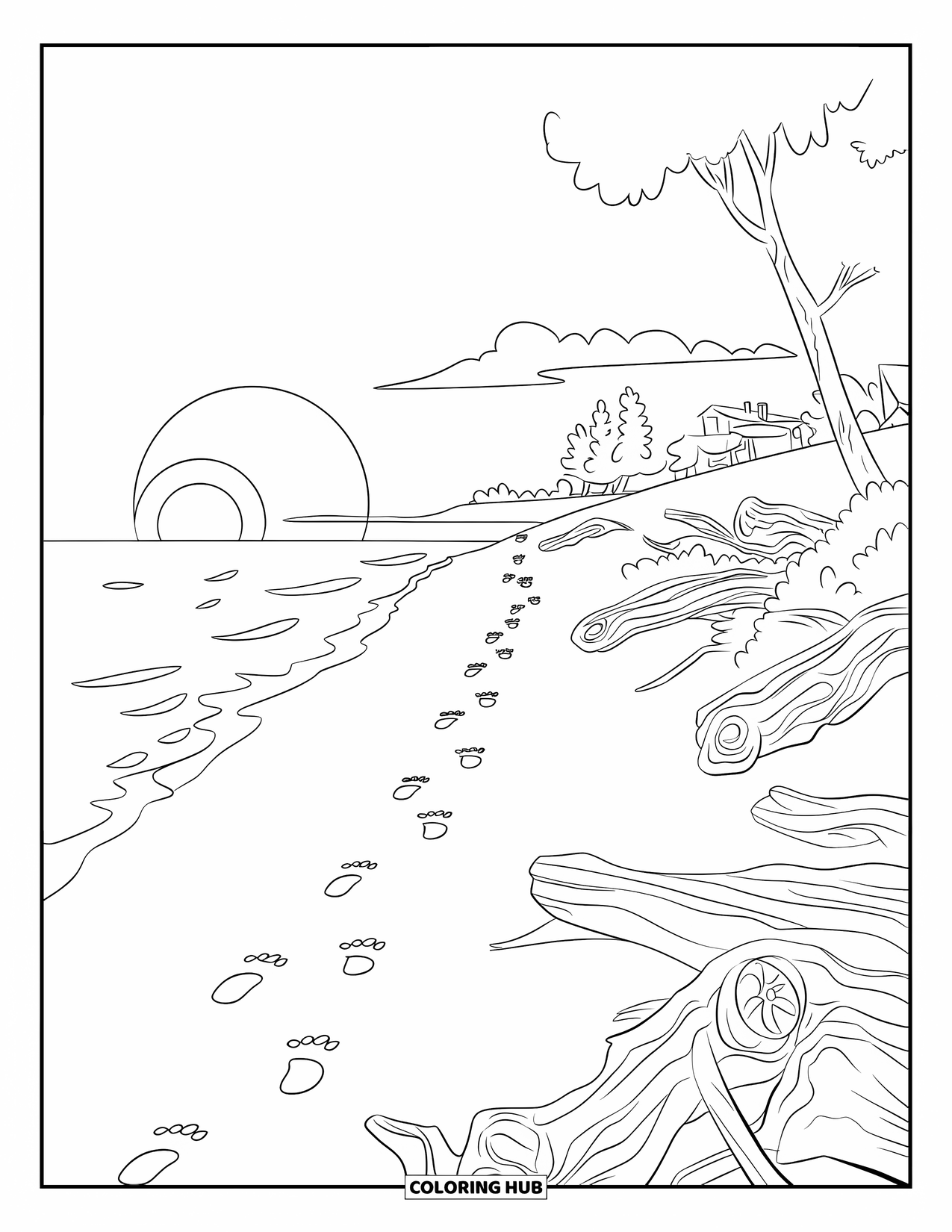 Sunset Beach Coloring Page for Kids: A sunset beach with footprints and driftwood near trees and houses