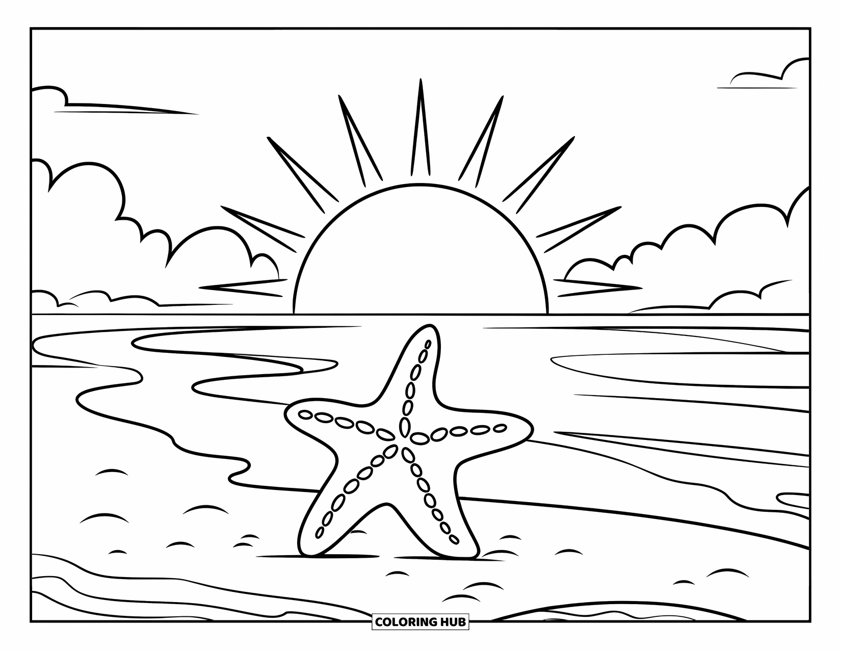 Sunset Beach Coloring Page for Kids: A wide beach holds a starfish beneath the warm evening sun