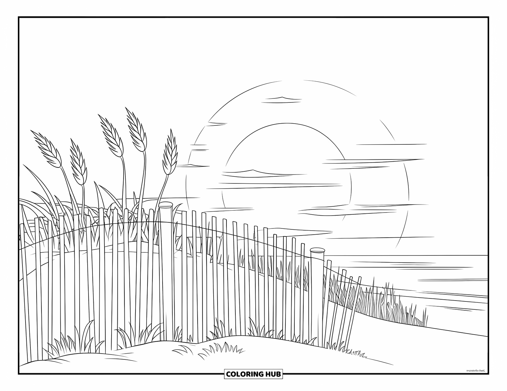 Sunset Beach Coloring Page for Kids: A wooden fence with sea oats stands against a warm sunset