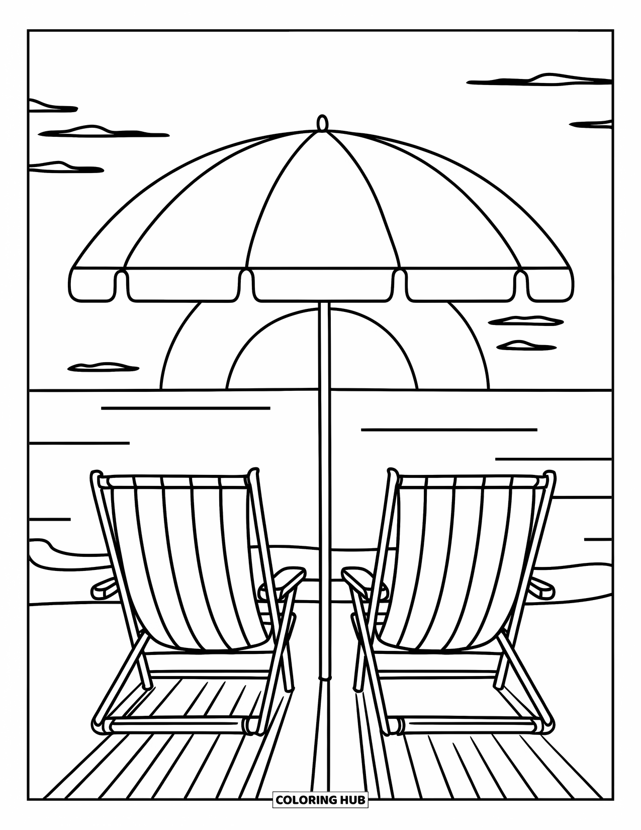 Sunset Beach Coloring Page for Kids: Beach chairs and an umbrella overlook the calm sunset ocean