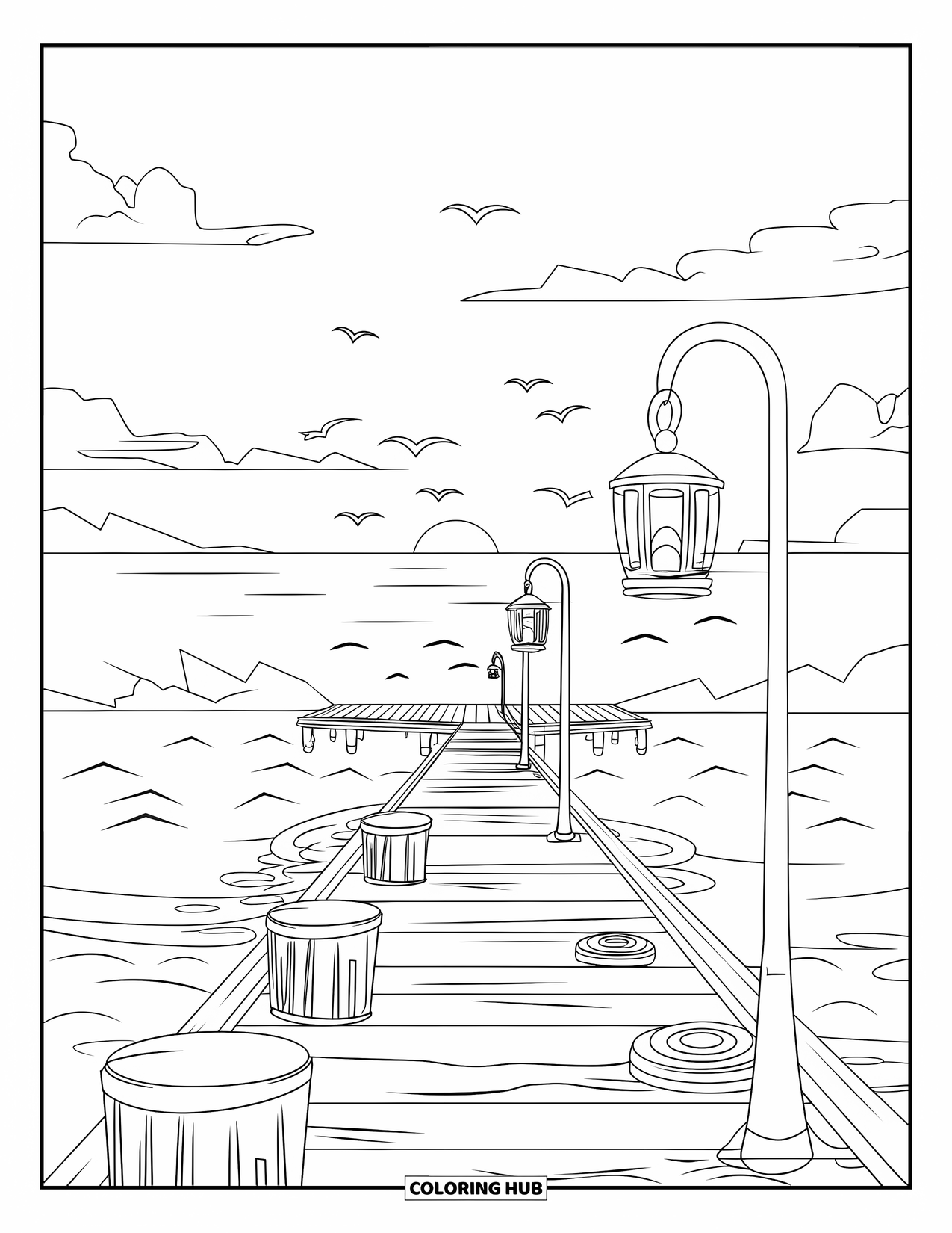 Sunset Beach Coloring Page for Kids: Birds fly above a lantern-lit pier at sunset on the ocean