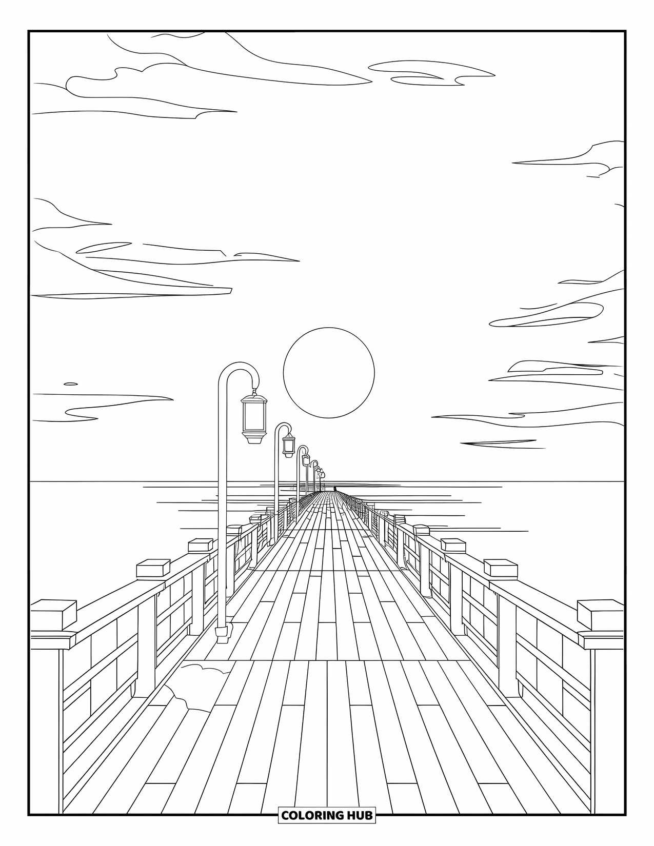 Sunset Beach Coloring Page for Kids: Lanterns hang on a pier above calm waters at sunset