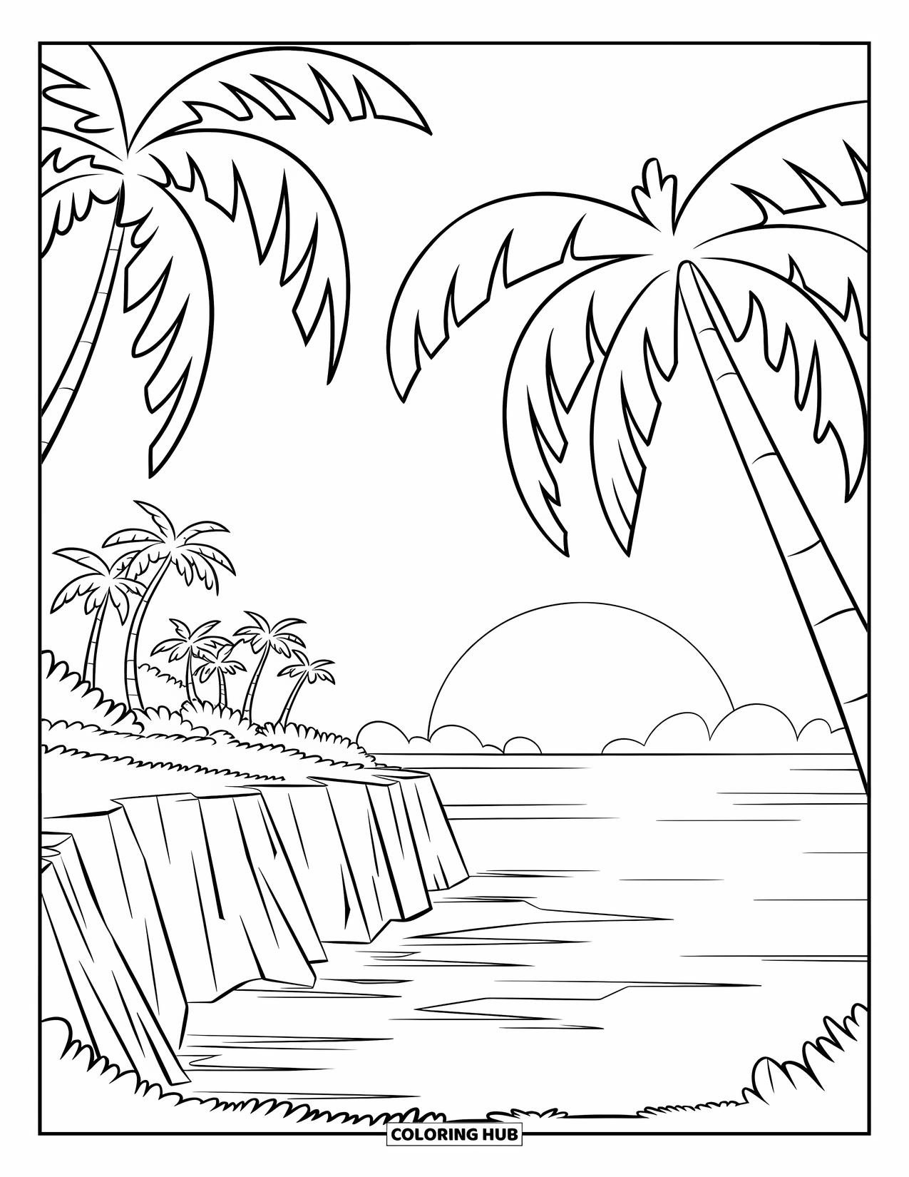 Sunset Beach Coloring Page for Kids: Palm trees on a cliff overlooking the ocean at sunset