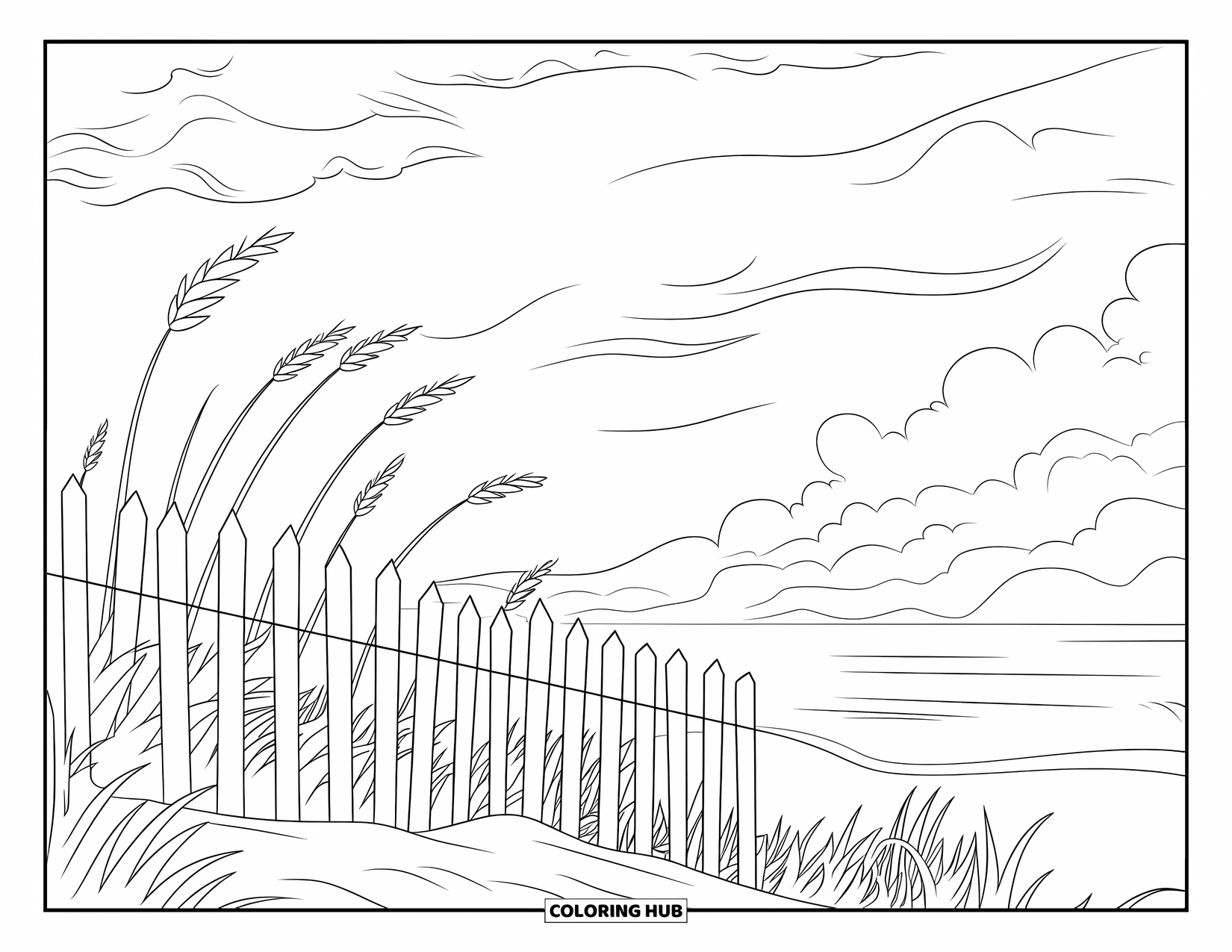 Sunset Beach Coloring Page for Kids: Sea oats bend in the breeze near a glowing ocean sunset