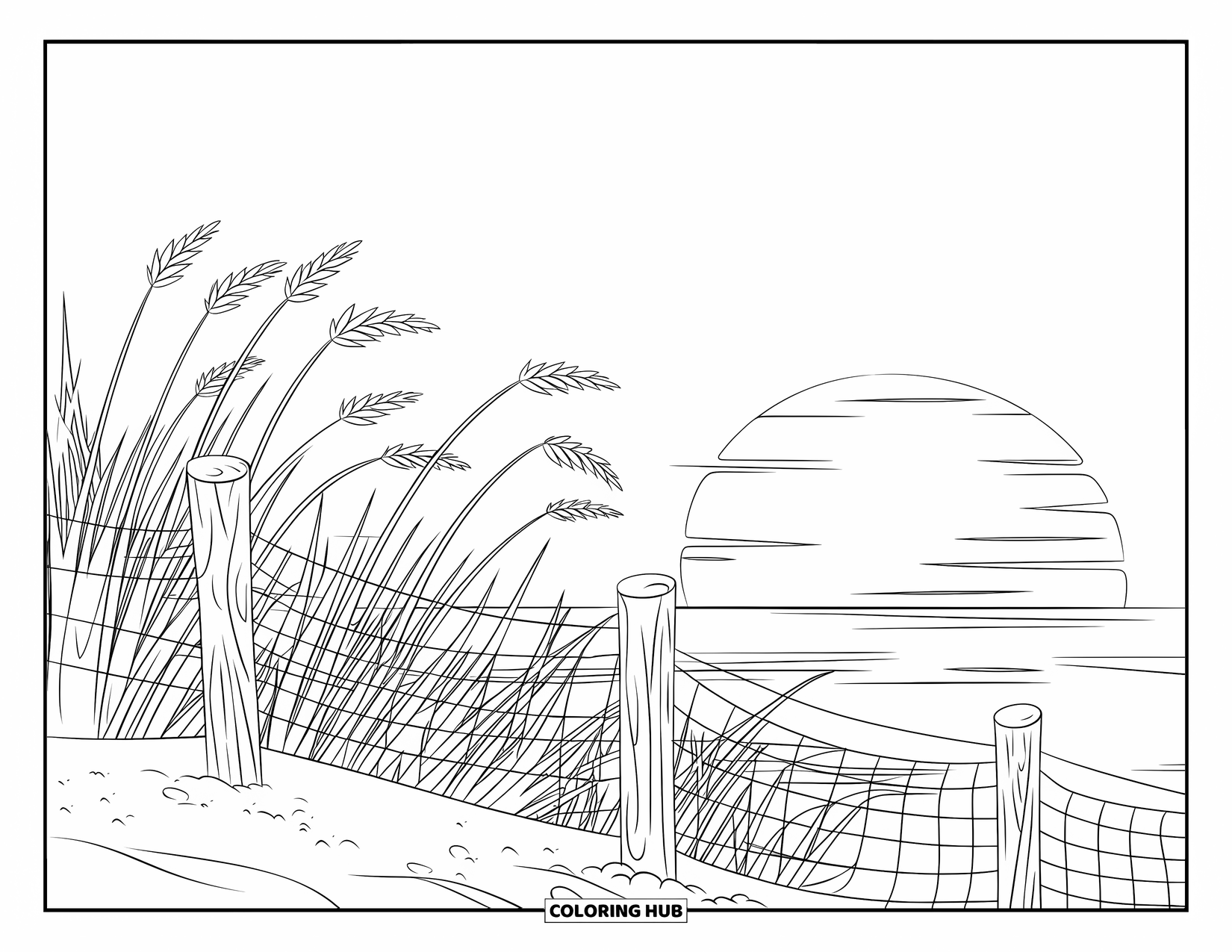 Sunset Beach Coloring Page for Kids: Sea oats sway by a wooden fence with the sunset beyond