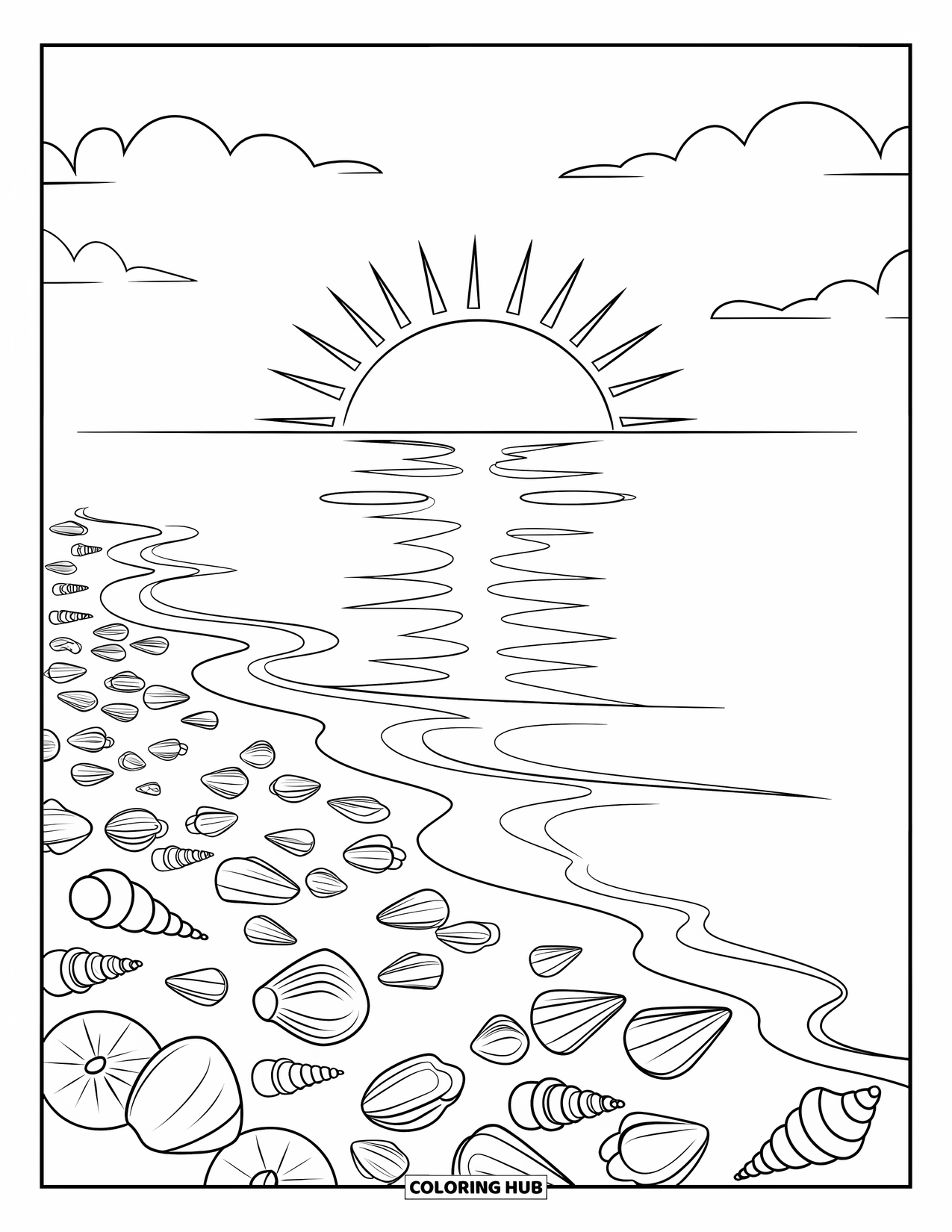 Sunset Beach Coloring Page for Kids: The beach is filled with seashells as the sunset glows