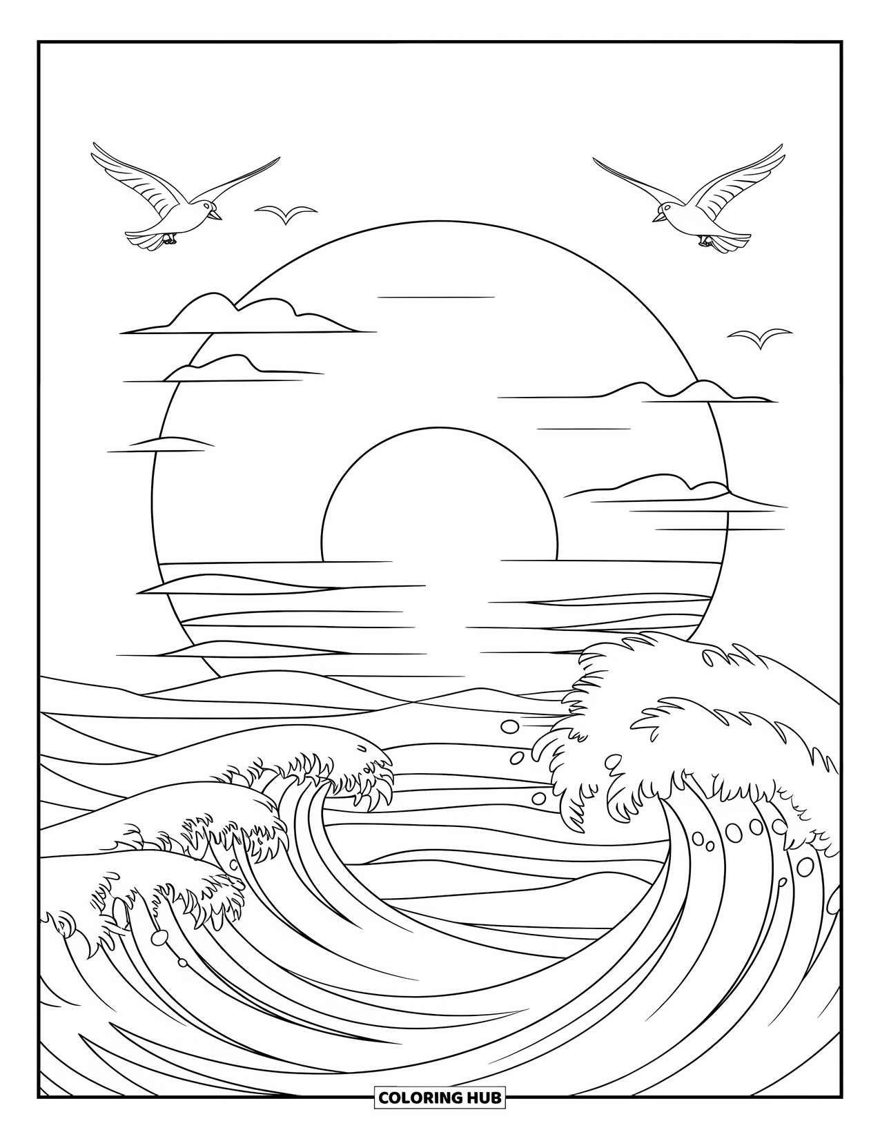 Sunset Beach Coloring Page for Kids: Two birds soar above the ocean as the sun sinks into the sea