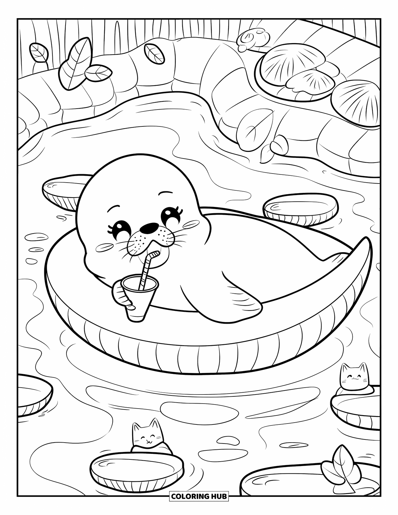 Swimming Coloring Page for Adults: A baby seal rests on a moon float with clamshells, cat bubbles, and drifting leaves