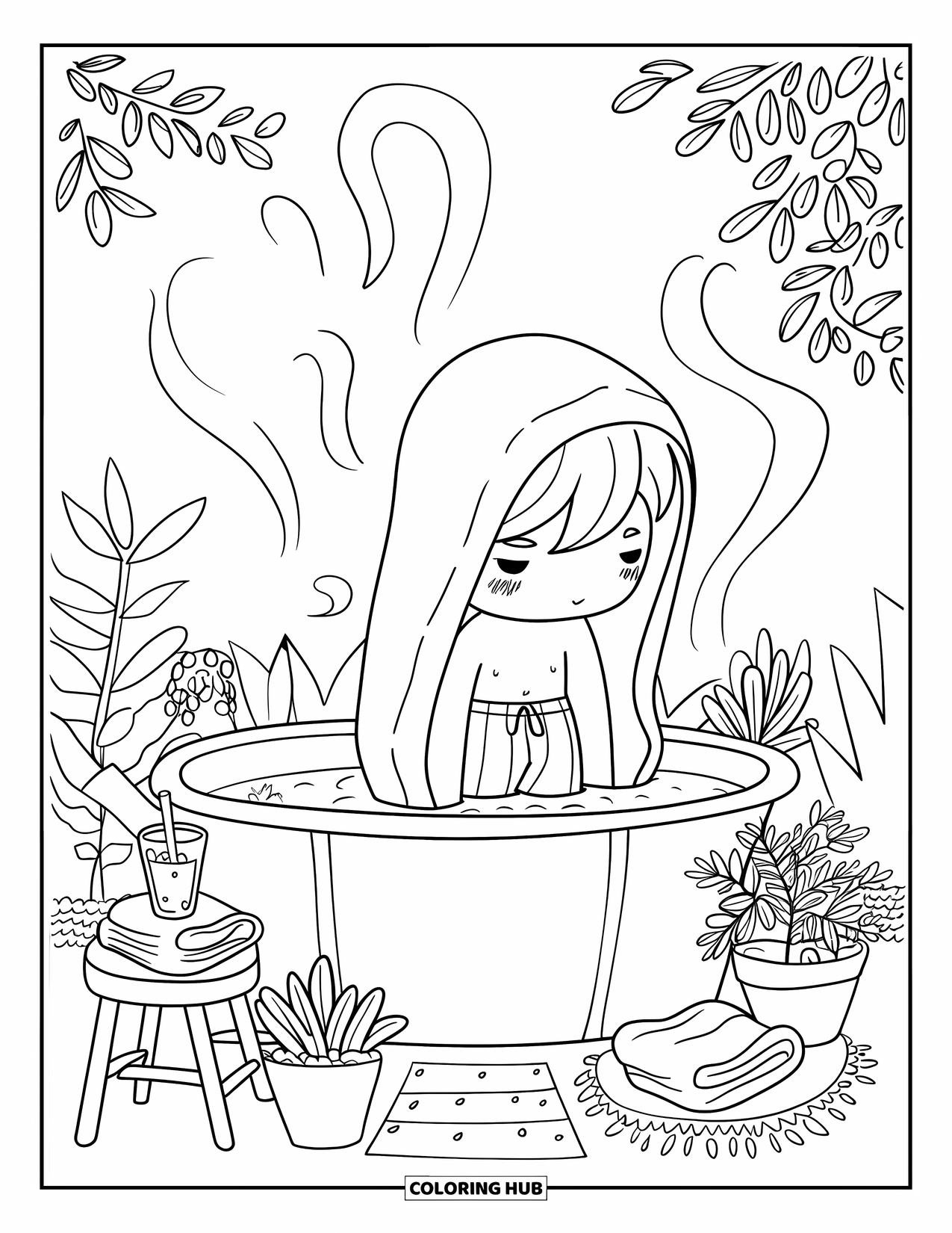 Swimming Coloring Page for Adults: A chibi boy dips feet in a garden tub with towels, plants, and lemonade beside him