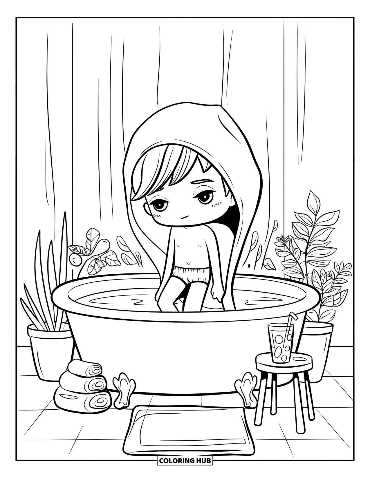 Swimming Coloring Page for Adults: A chibi boy dips his feet in a garden tub with plants and a lemonade nearby