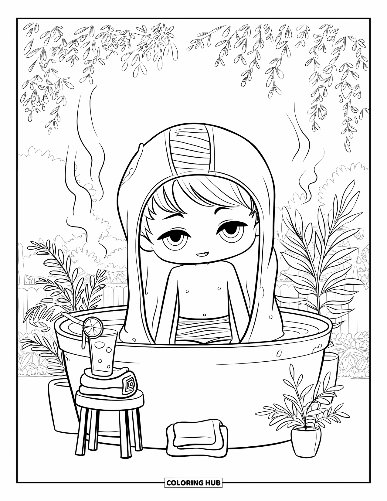 Swimming Coloring Page for Adults: A chibi boy relaxes feet in a garden tub surrounded by plants and soft steam
