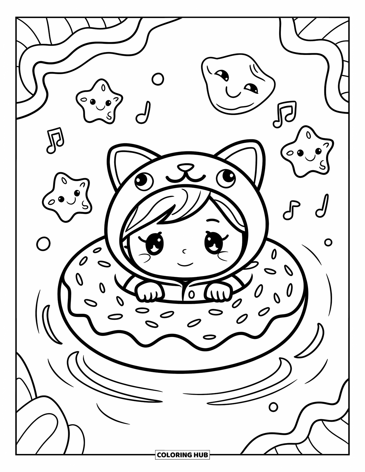Swimming Coloring Page for Adults: A chibi child in a cat-eared floatie drifts in a donut ring with sea stars and bubbles