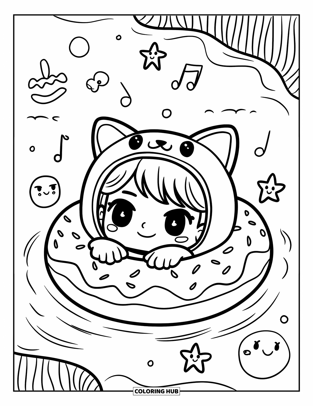 Swimming Coloring Page for Adults: A chibi child in a cat-eared floatie relaxes in a donut ring with sea stars and bubbles