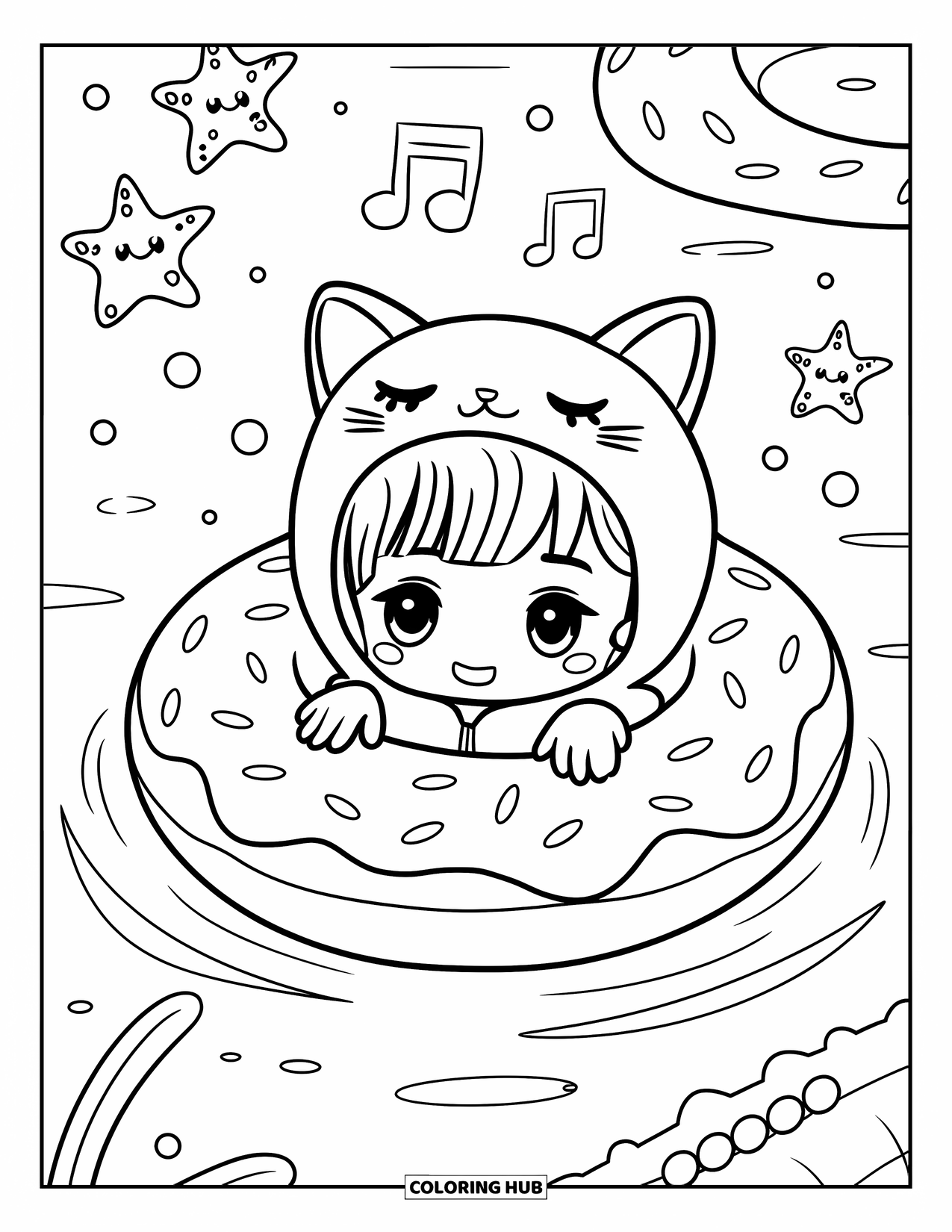 Swimming Coloring Page for Adults: A chibi child in a cat hoodie floatie drifts in a donut ring with sea stars and notes