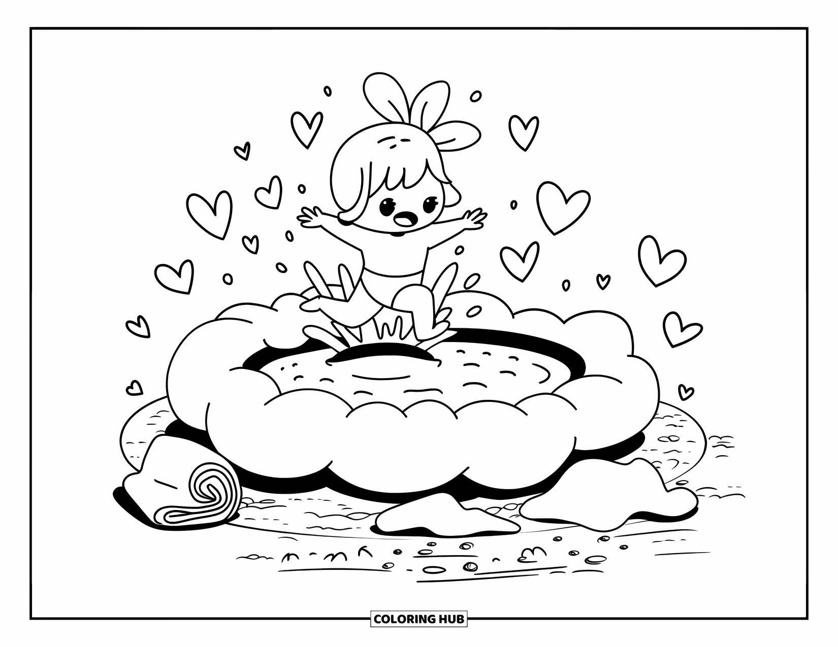 Swimming Coloring Page for Adults: A chibi girl jumps into a cloud pool with soft hearts and a towel nearby