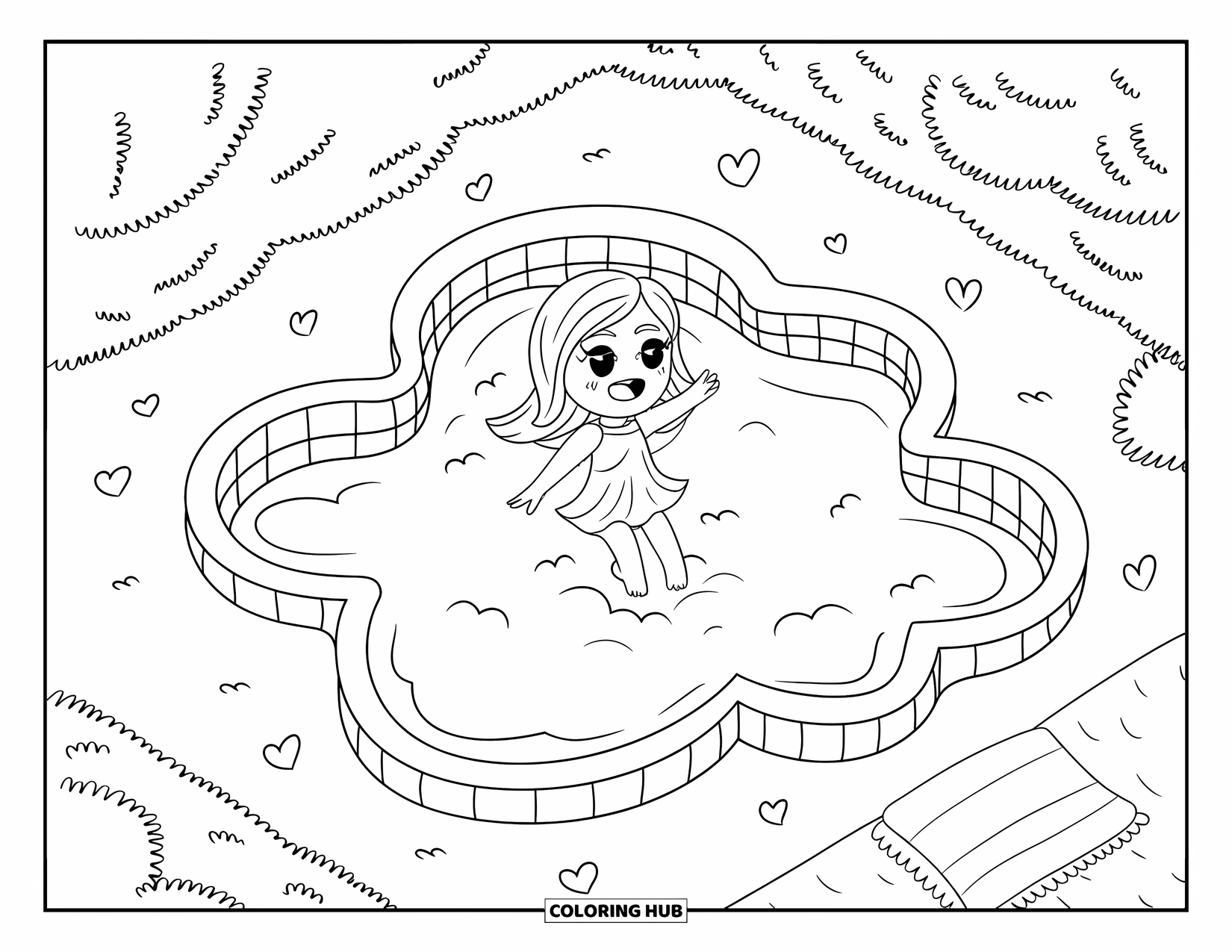 Swimming Coloring Page for Adults: A chibi girl with long hair jumps into a cloud pool surrounded by hearts and greenery