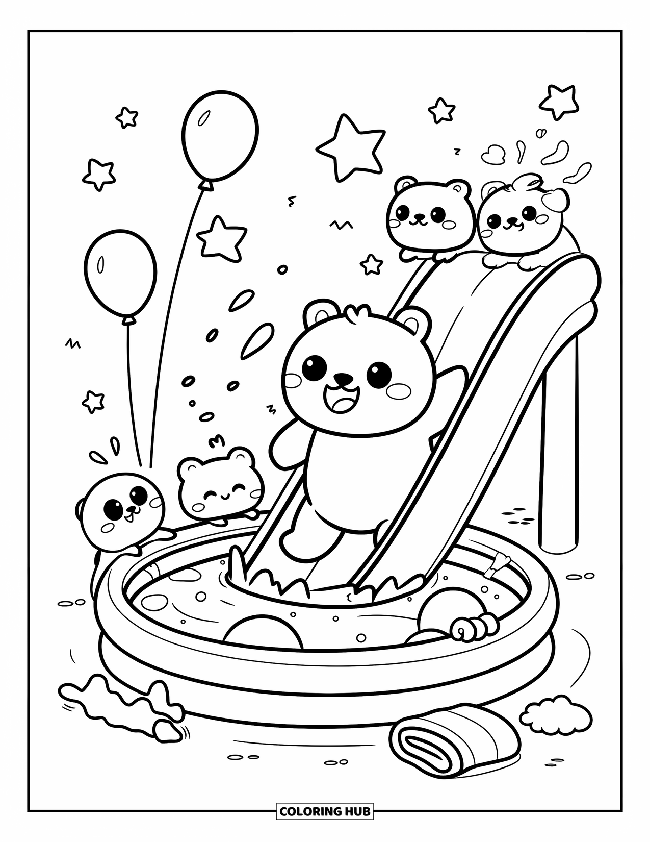 Swimming Coloring Page for Adults: A chubby chibi bear slides into a kiddie pool while tiny animals wait their turn