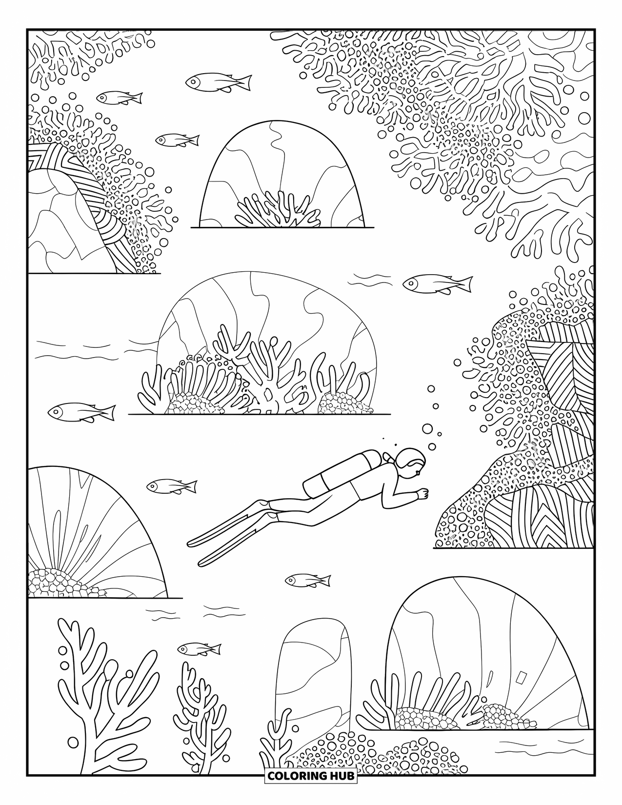 Swimming Coloring Page for Adults: A diver glides past reefs and coral arches with fish, seaweed, and detailed patterns
