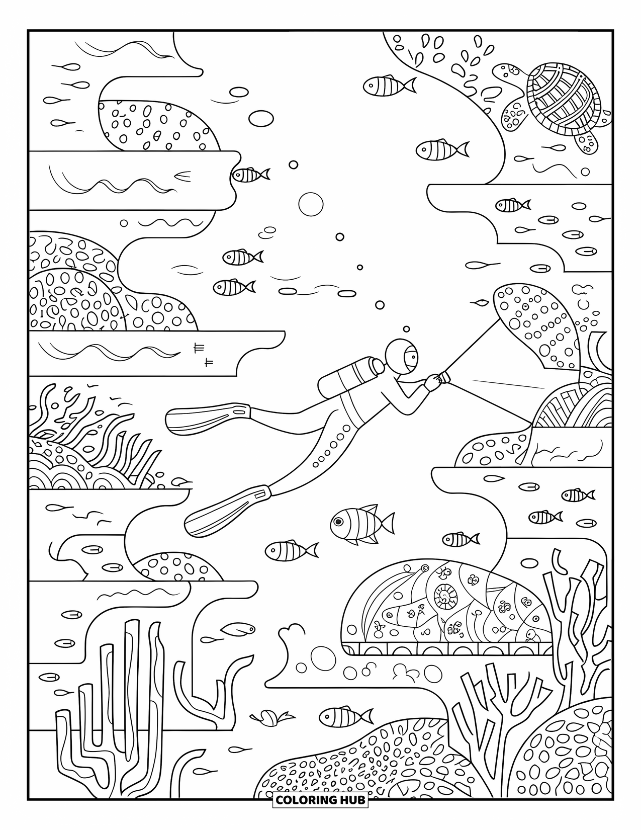 Swimming Coloring Page for Adults: A diver in a suit with a flashlight passes coral arches, reefs, fish, and a sea turtle