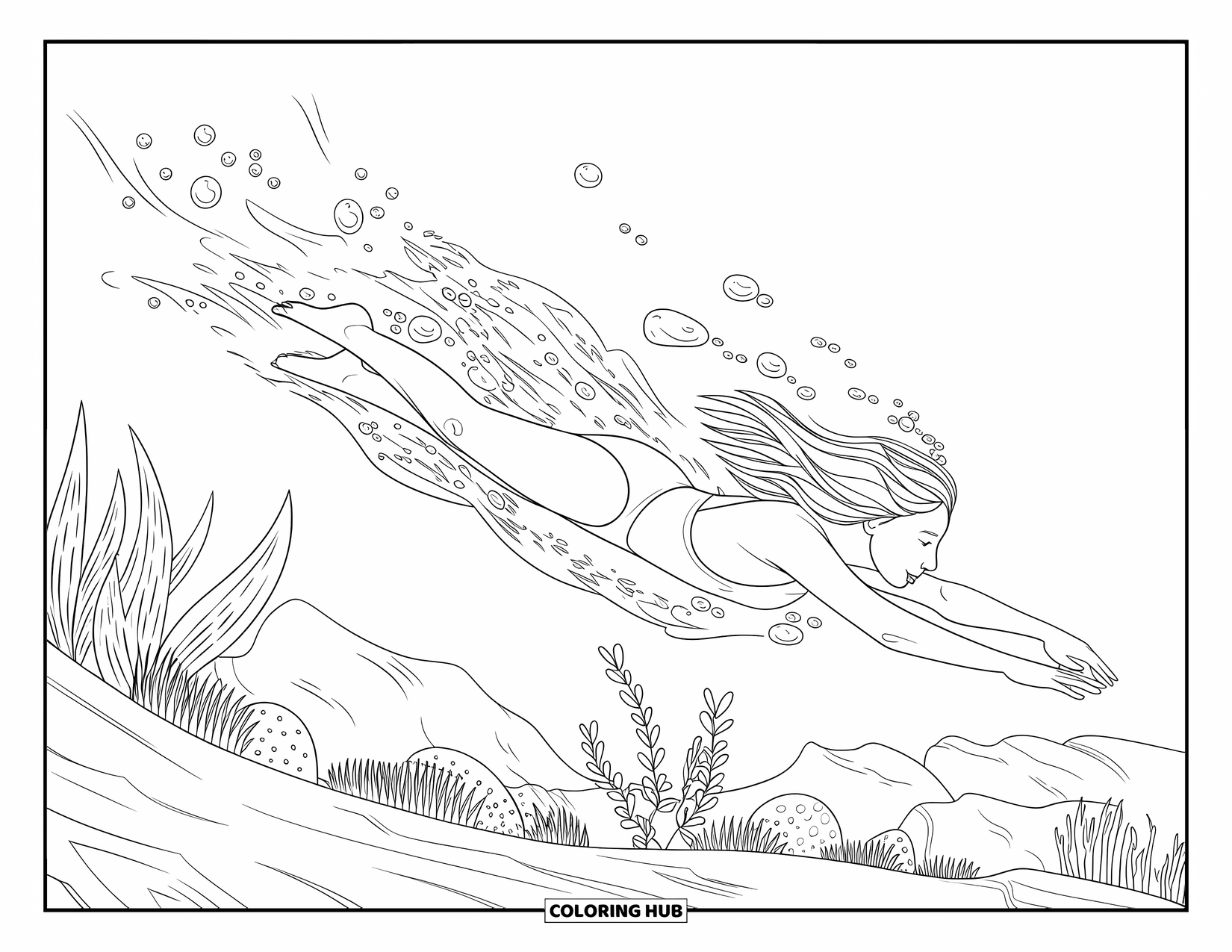 Swimming Coloring Page for Adults: A graceful swimmer moves underwater with flowing hair, bubbles, plants, and rocks around