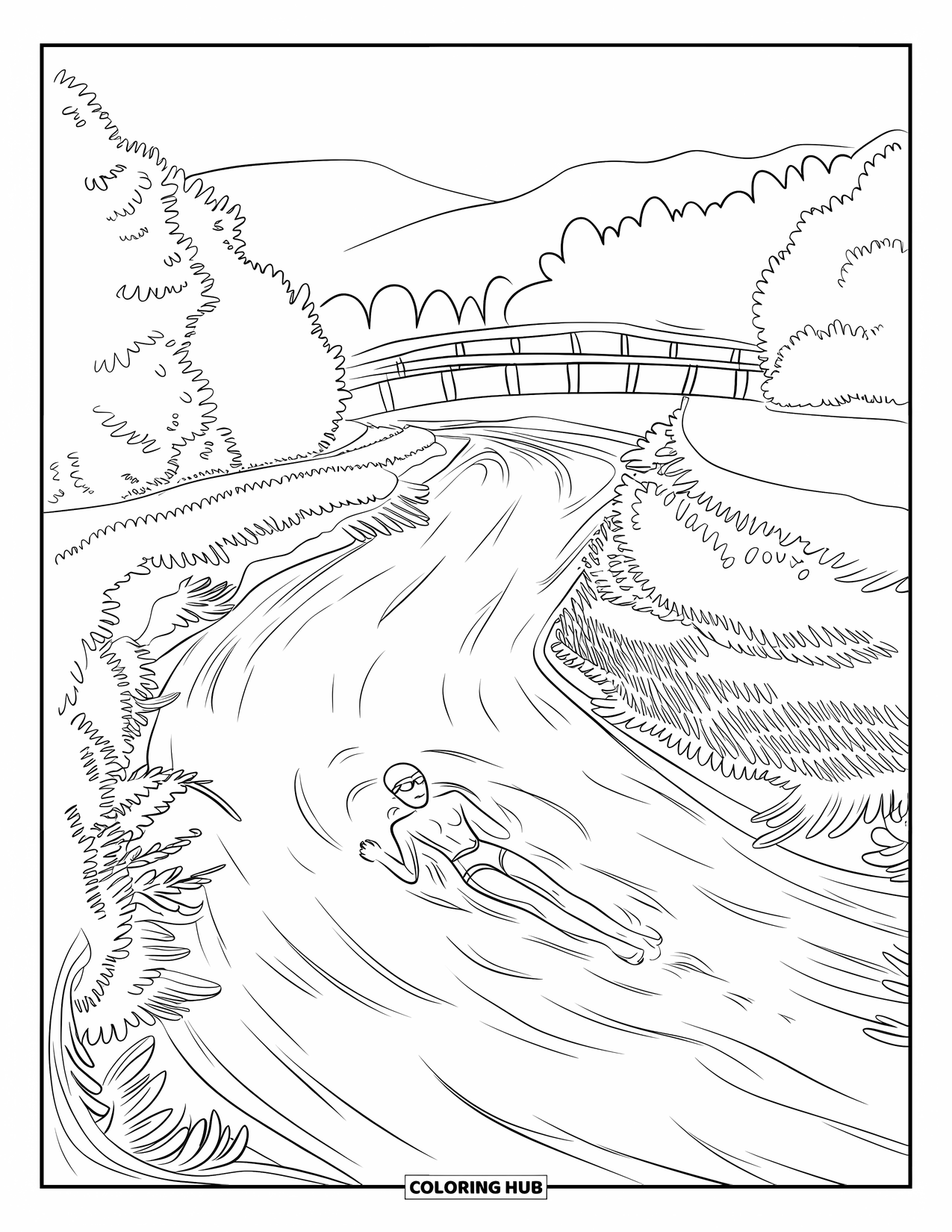 Swimming Coloring Page for Adults: A lone swimmer drifts down a river bend near greenery, a wooden bridge, and distant mountains