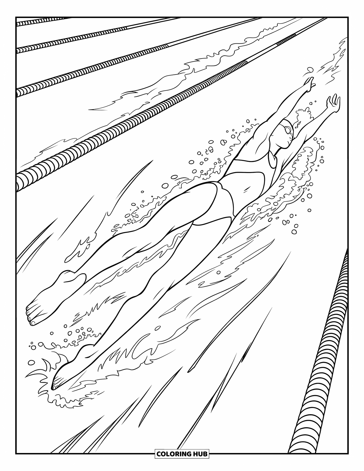 Swimming Coloring Page for Adults: A streamlined swimmer turns in a pool lane with motion lines trailing behind