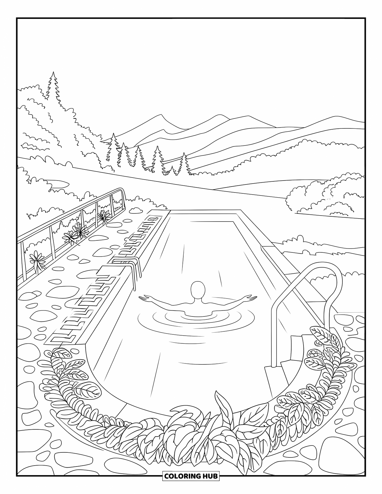 Swimming Coloring Page for Adults: A swimmer floats in lotus pose in an infinity pool surrounded by plants, stones, and mountains