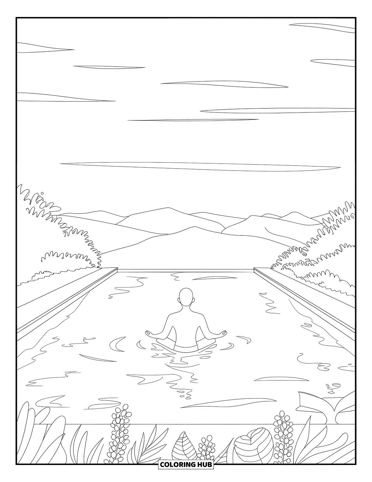 Swimming Coloring Page for Adults: A swimmer floats in lotus position in an infinity pool with mountains and greenery