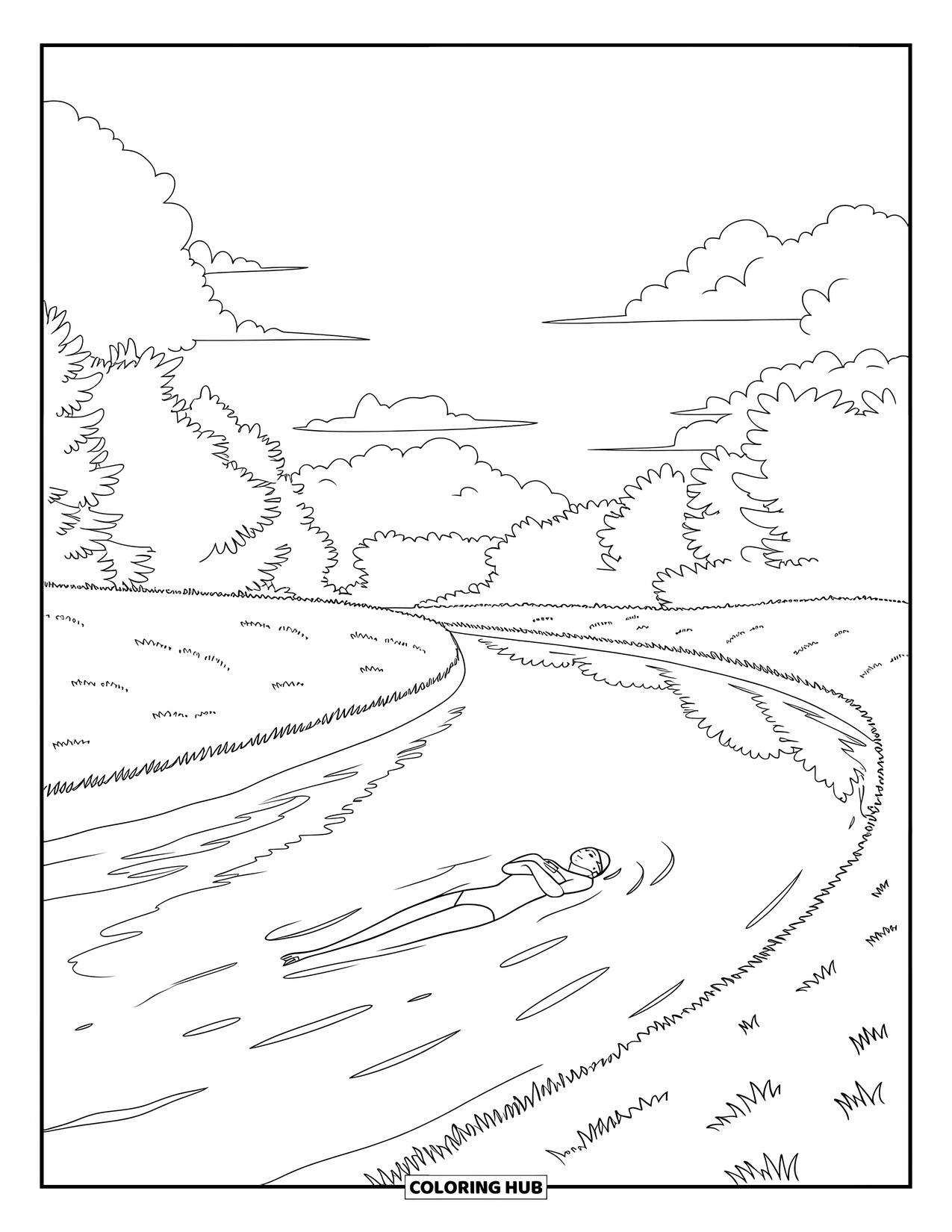Swimming Coloring Page for Adults: A swimmer floats on their back in a river bend under trees, sky, and soft grass
