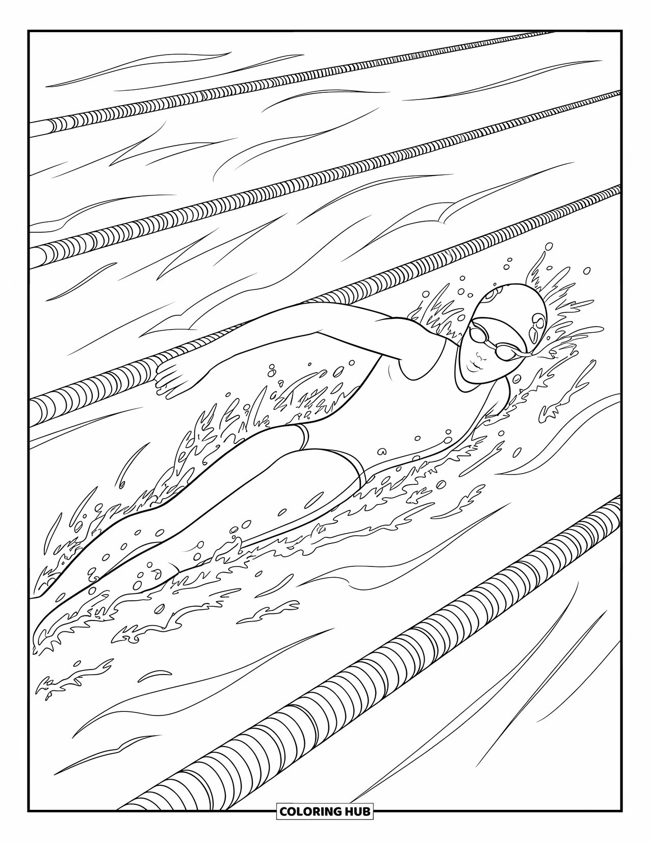 Swimming Coloring Page for Adults: A swimmer mid-turn in a lane with motion lines and multiple pool lanes behind