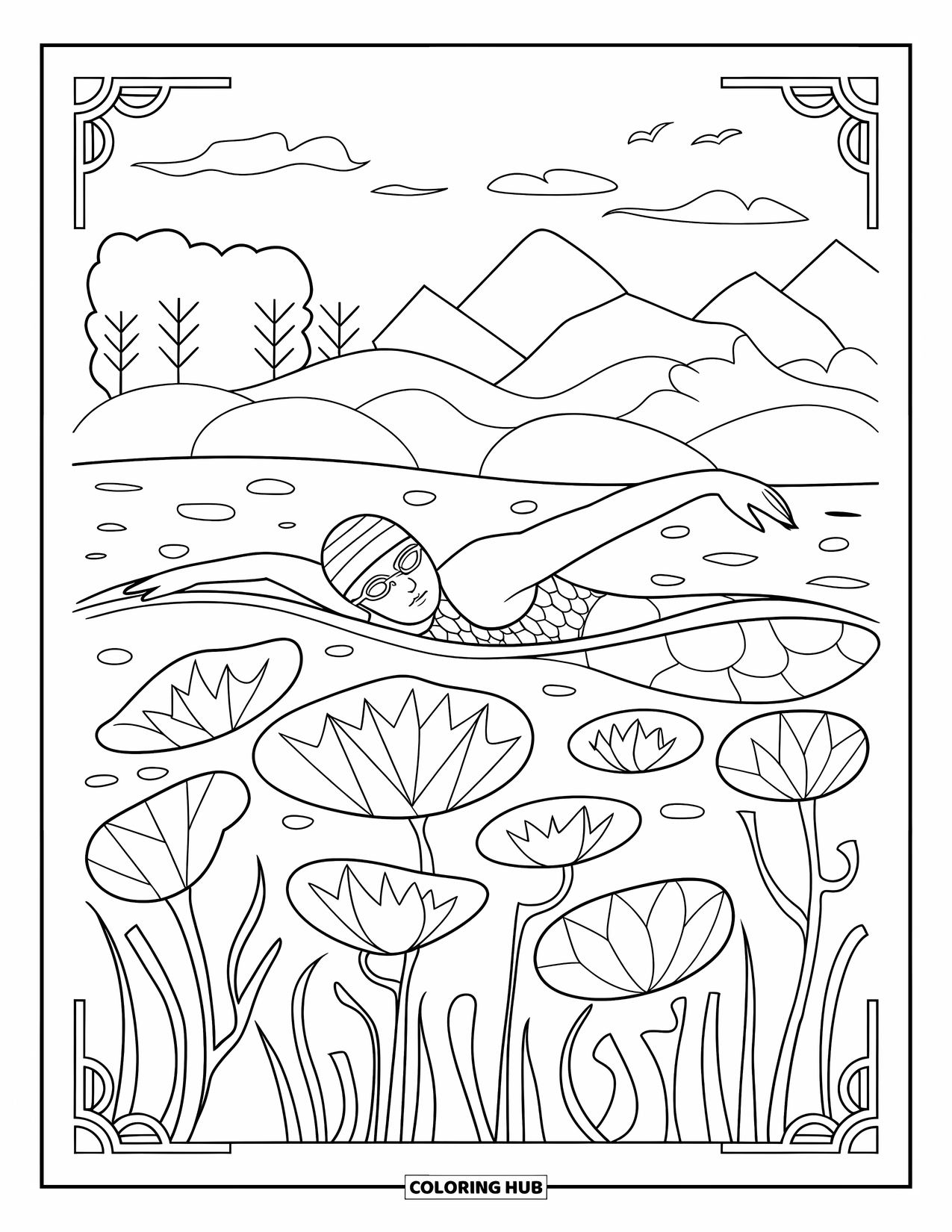 Swimming Coloring Page for Adults: A swimmer passes under lotus leaves and reeds with mountains and trees in the background