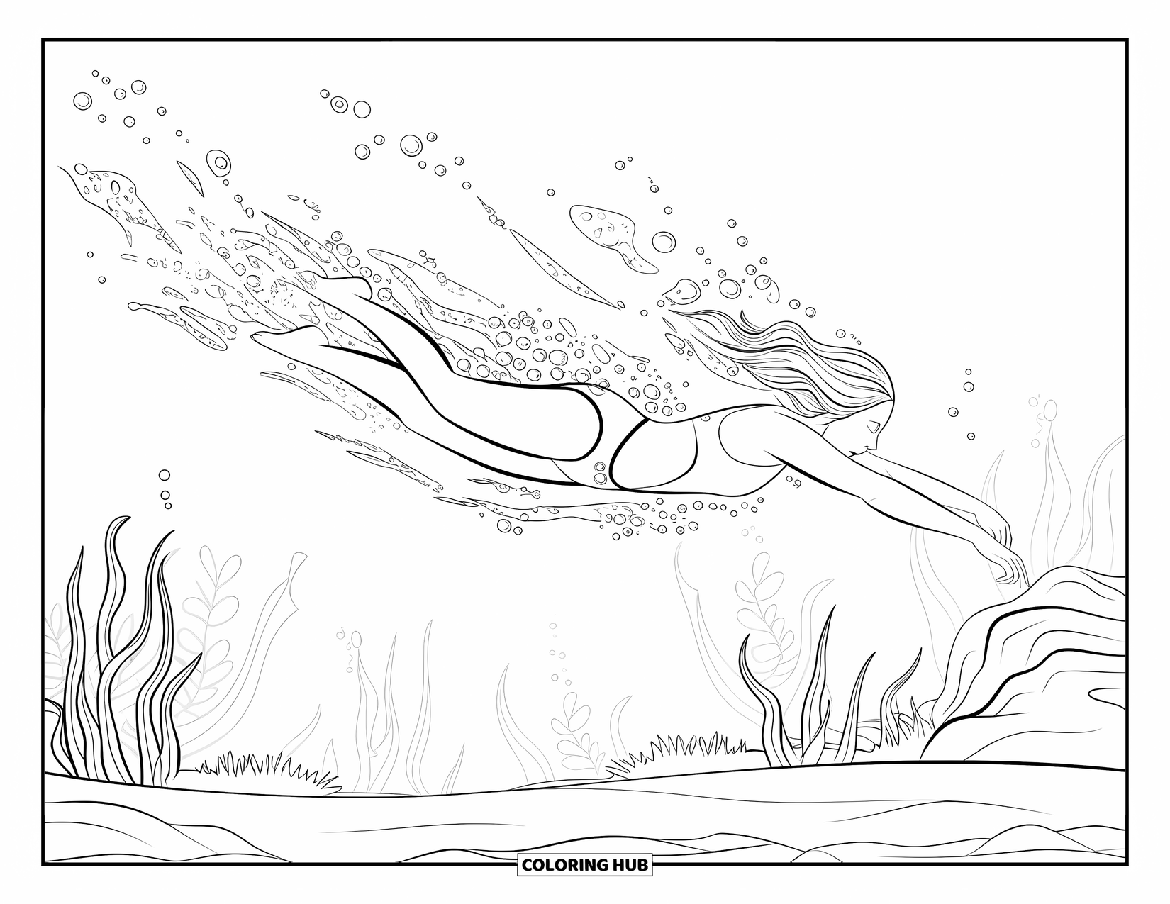 Swimming Coloring Page for Adults: A swimmer with flowing hair glides underwater surrounded by bubbles, plants, and rocks
