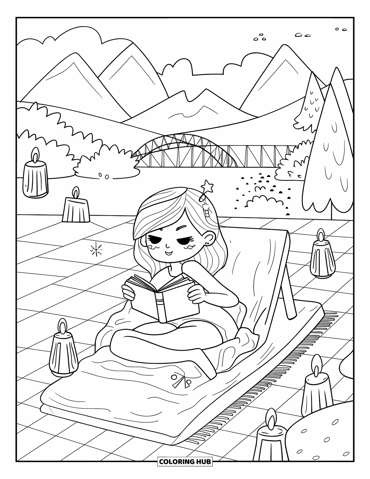 Swimming Coloring Page for Adults: A teen girl lounges with a book, floating lanterns, and mountains in the background