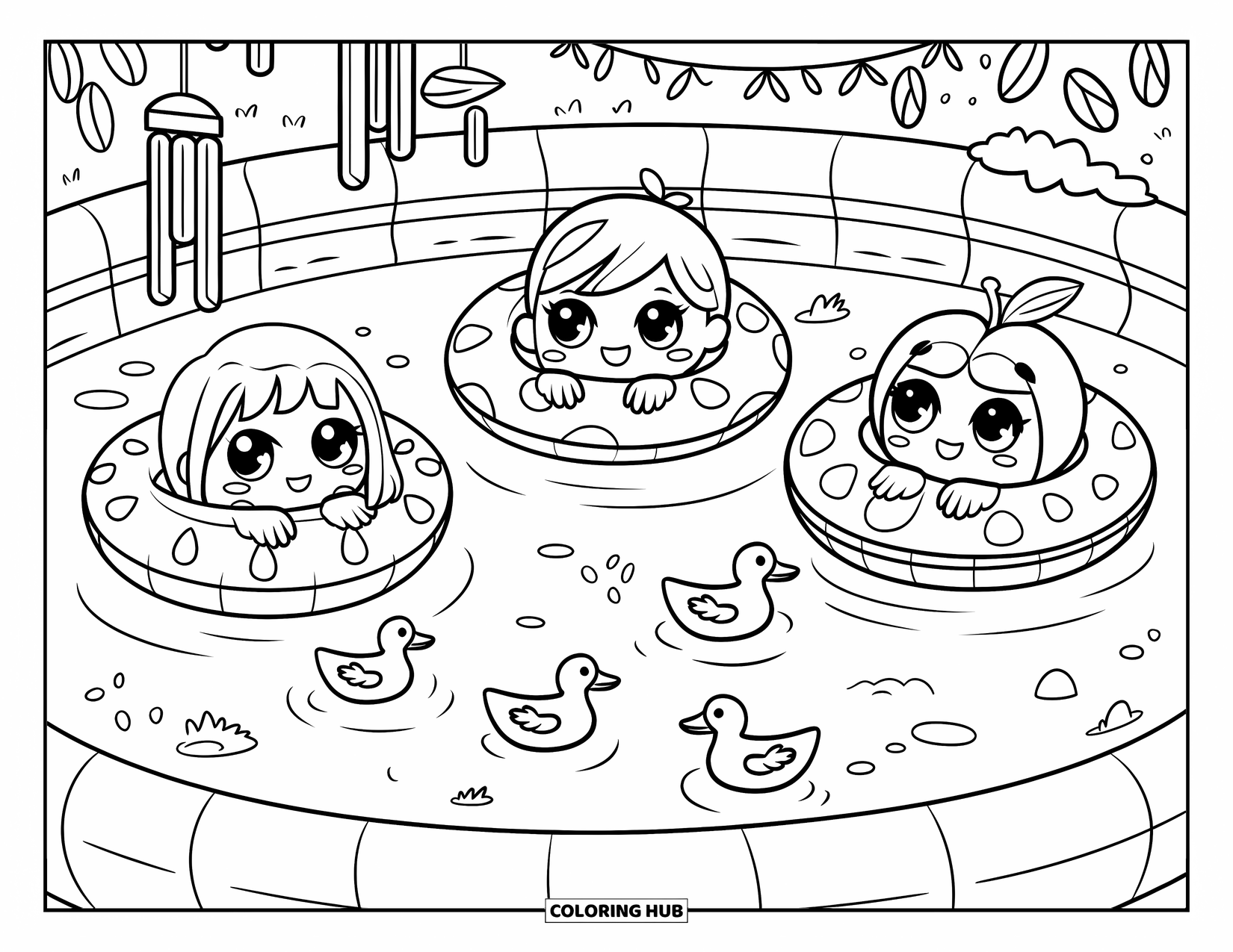 Swimming Coloring Page for Adults: Three chibi friends float together in fruit floaties with ducks and wind chimes