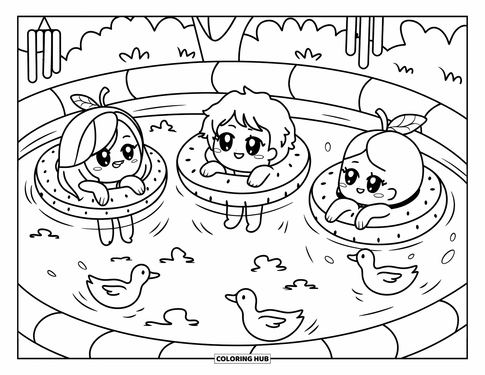 Swimming Coloring Page for Adults: Three chibi friends in fruit floaties splash with ducks and wind chimes nearby