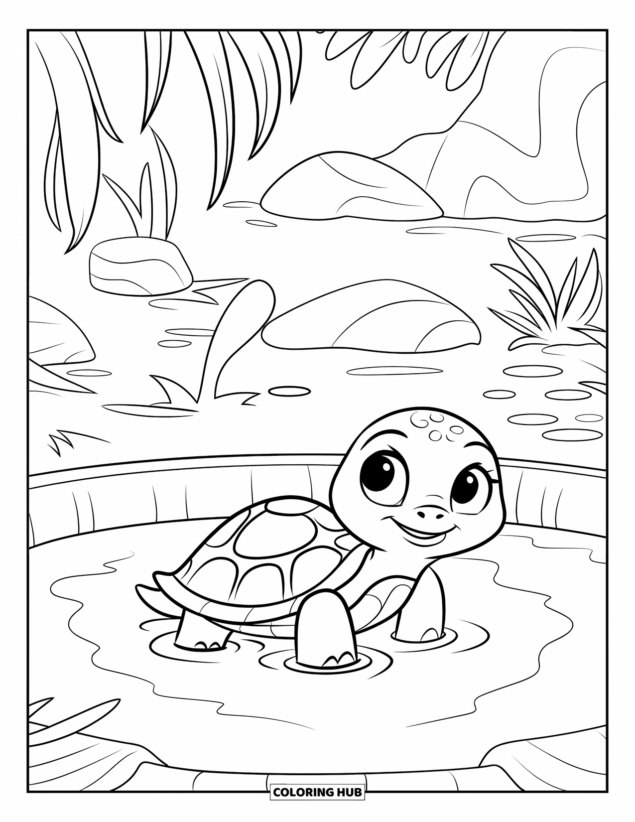 Swimming Coloring Page for Kids: A baby turtle swims in a small pool near rocks and plants